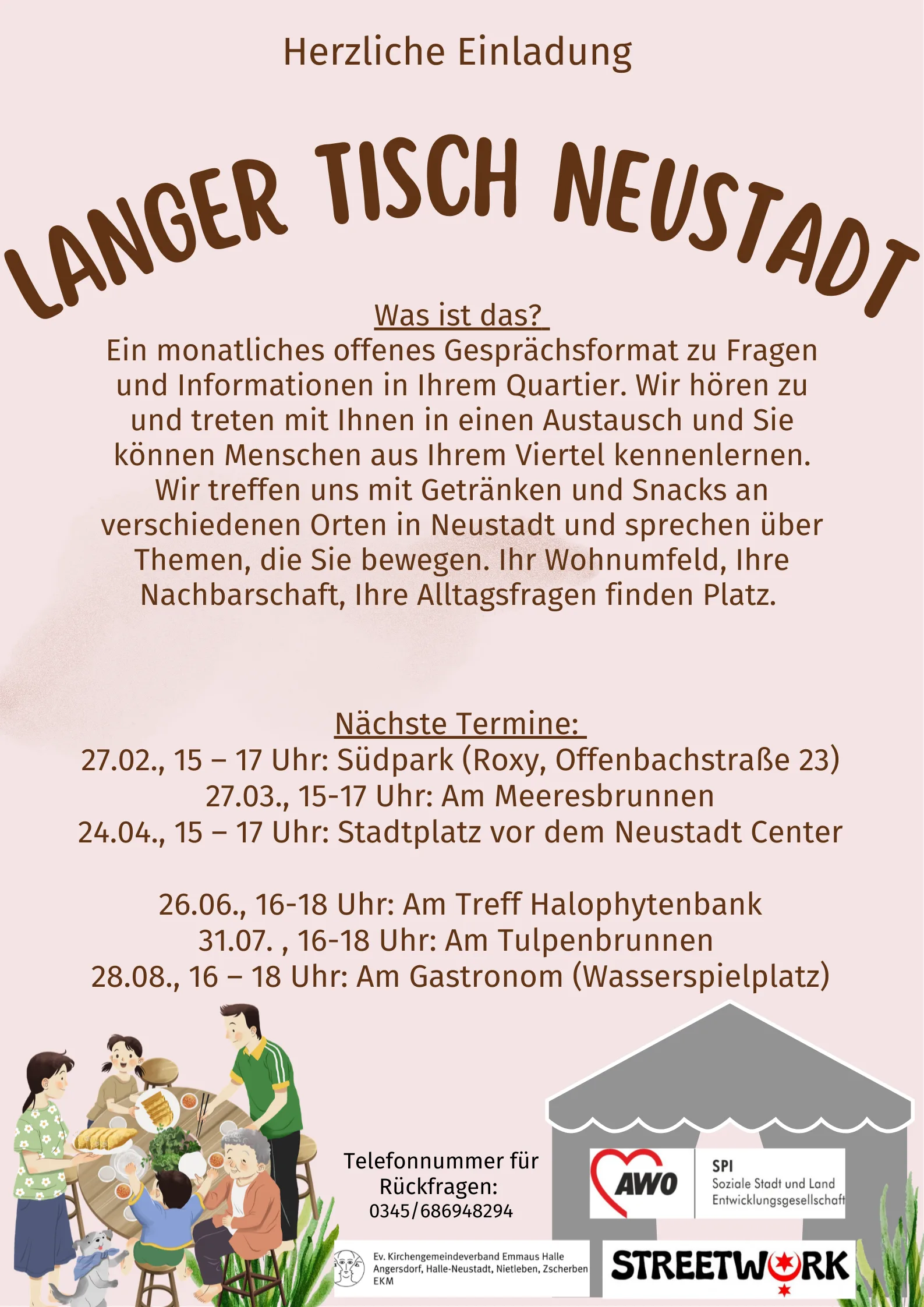 Flyer auf dem steht: Langer Tisch Neustadt. Was ist das? Ein monatliches offenes Gesprächsformat zu Fragen und Informationen in Ihrem Quartier. Wir hören zu und treten mit Ihnen in einen Austausch und Sie können Menschen aus Ihrem Viertel kennenlernen. Wir treffen uns mit Getränken und Snacks an verschiedenen Orten in Neustadt und sprechen über Themen, die Sie bewegen. Ihr Wohnumfeld, Ihre Nachbarschaft, Ihre Alltagsfragen finden Platz.