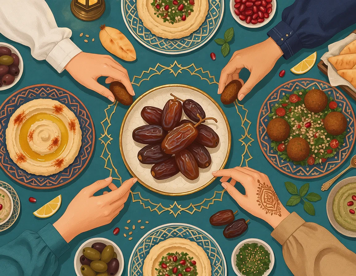 Iftar in Halle-Neustadt: im Ramadan begehen Muslime das Fastenbrechen mit einem Abendessen in Gemeinschaft © KI-generiert / Adobe Firefly