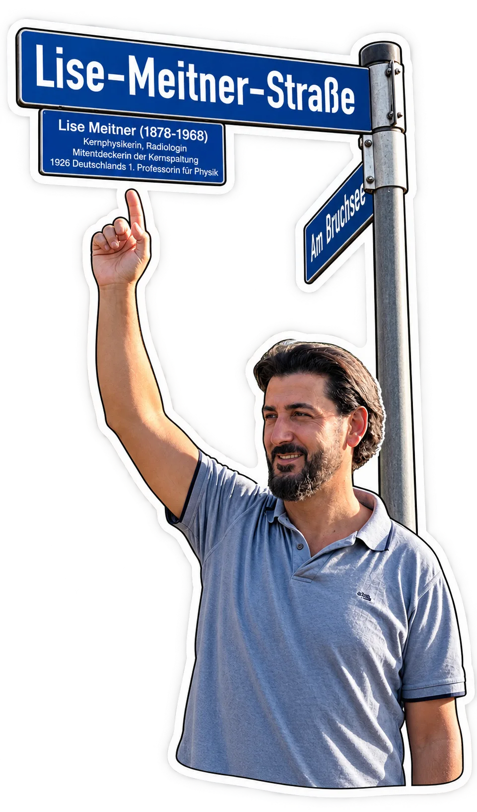 Abdullah Alqaseer vor dem Straßenschild der Lise-Meitner-Straße